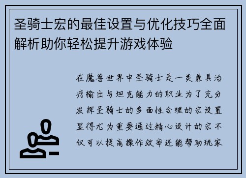 圣骑士宏的最佳设置与优化技巧全面解析助你轻松提升游戏体验